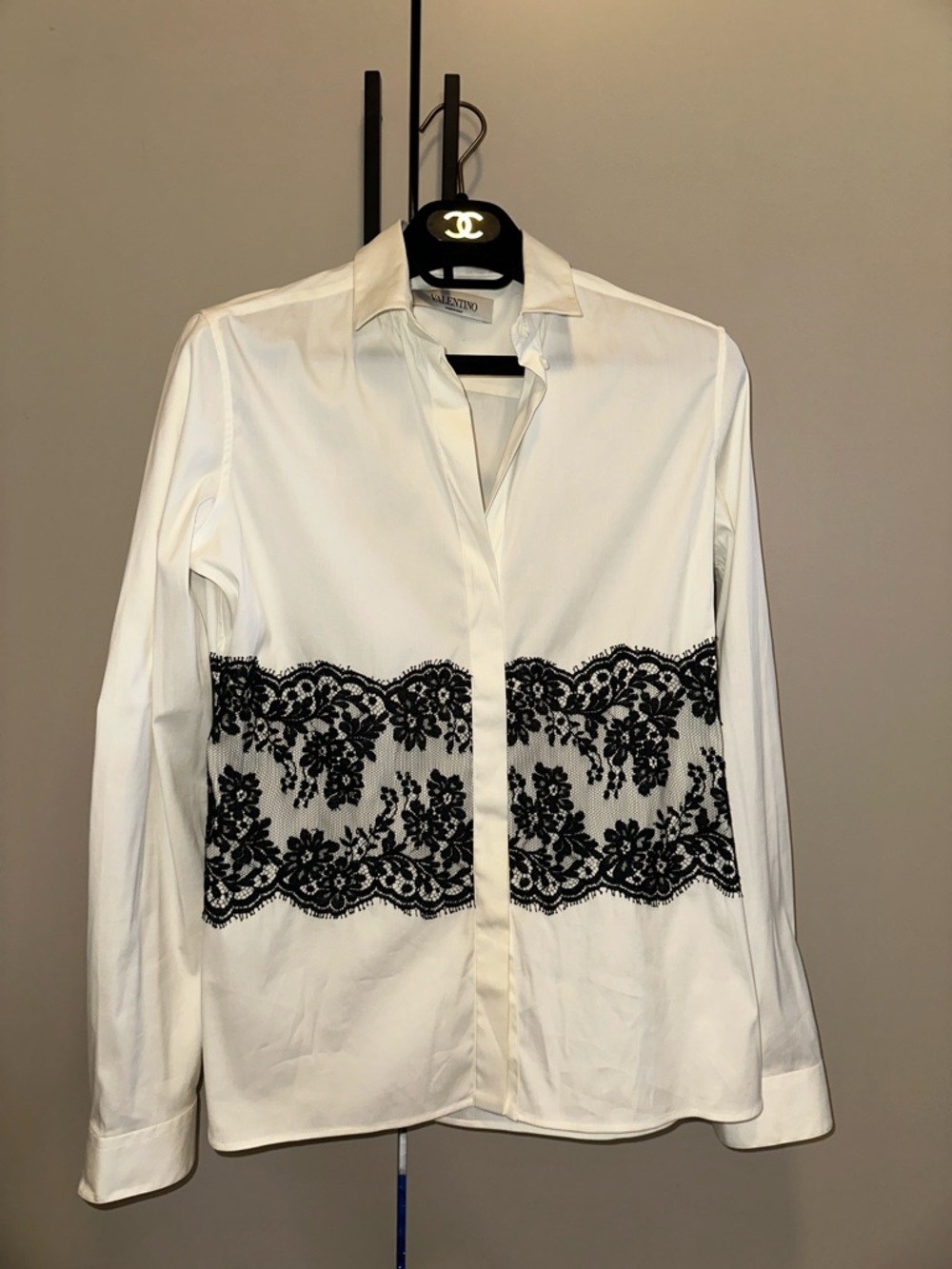 Valentino White Black Lace-Trim Silk Button-Up Blouse Top Size S - Picture 7 of 7